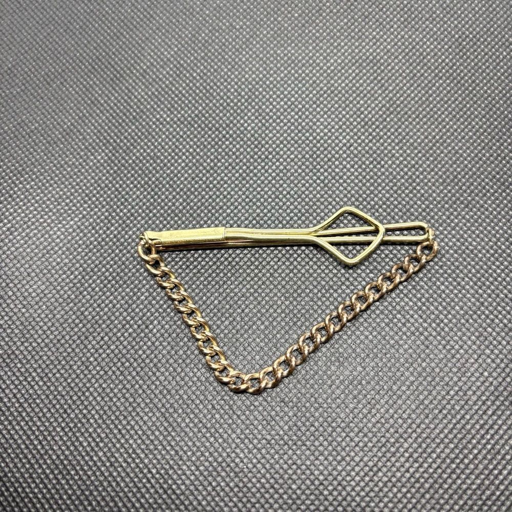 Vintage Gold Tone Tie Bar Clip with Safety Chain 1940s 1950s Menswear